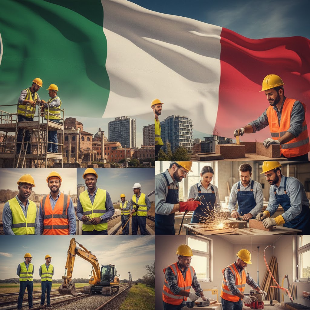 Foreign construction workers on a building site in Italy