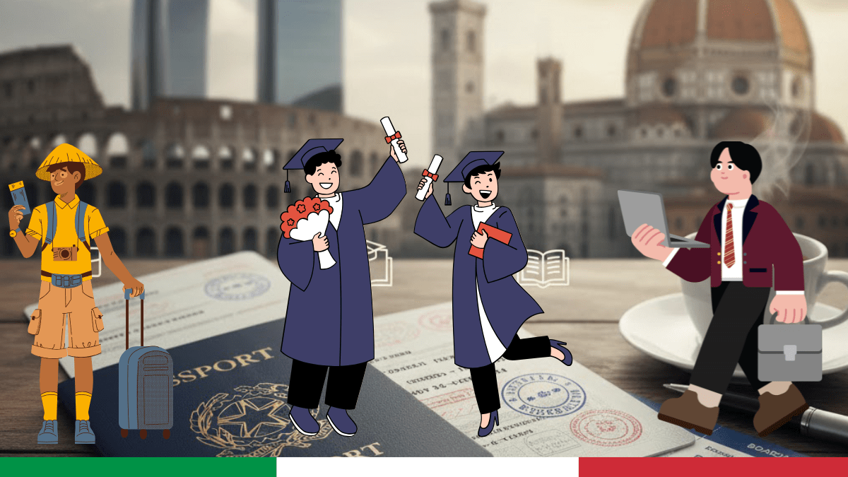 Italy visa types explained in 2026 showing passport, visa documents, and iconic Italian landmarks
