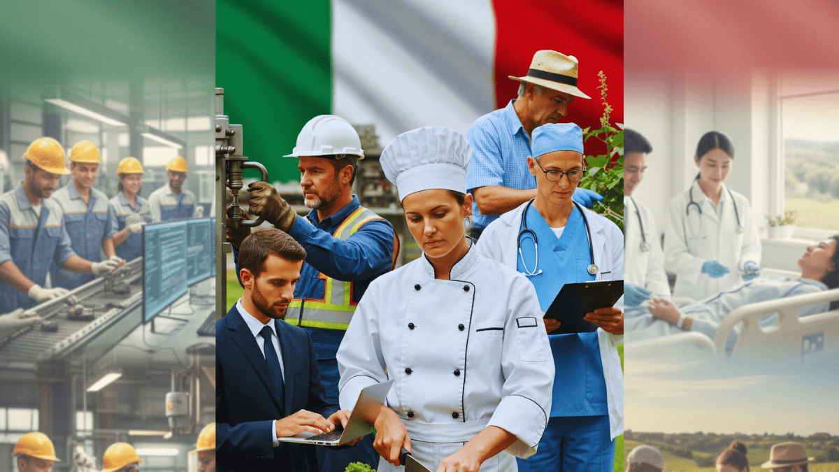 jobs in italy for foreigners in 2026 showing diverse workers and Italian cities