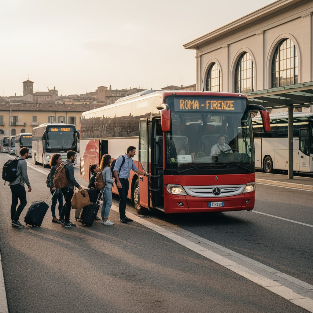 Public transport in Italy showing trains, buses, trams, and metro in an Italian city