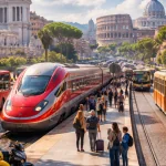 Public transport in Italy showing trains, buses, trams, and metro in an Italian city