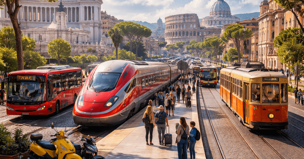Public transport in Italy showing trains, buses, trams, and metro in an Italian city