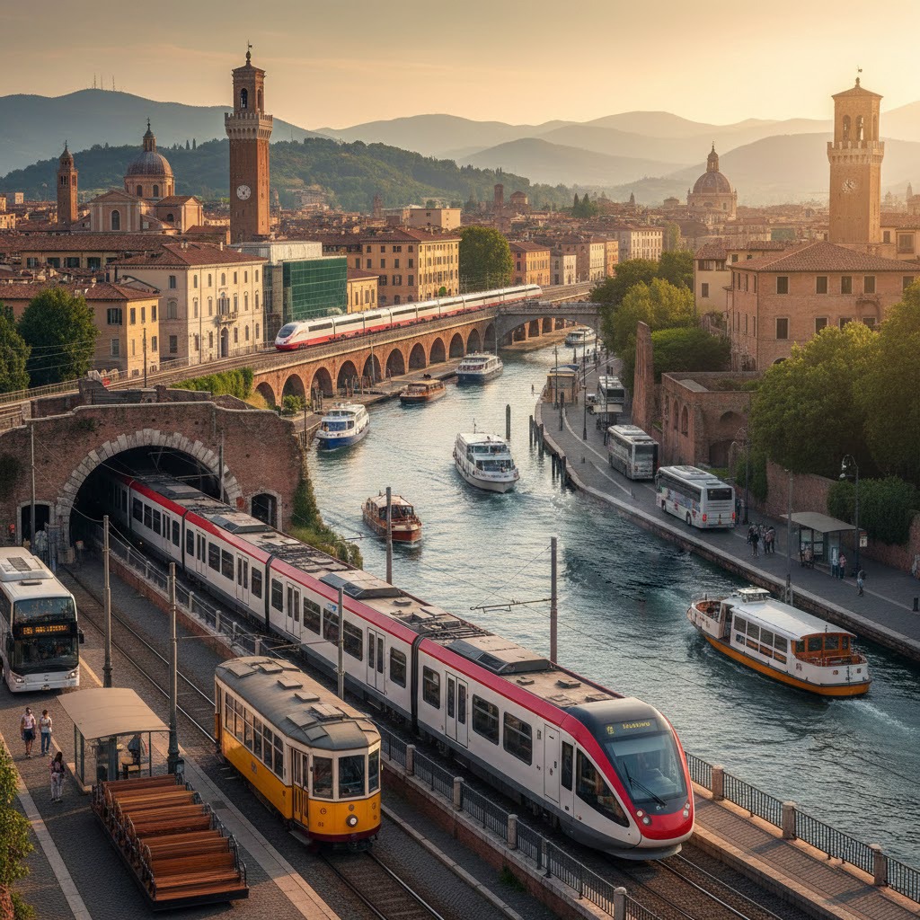 Public transport in Italy showing trains, buses, trams, and metro in an Italian city