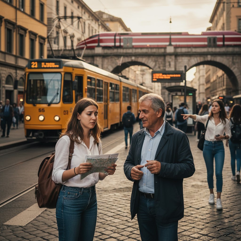 Public transport in Italy showing trains, buses, trams, and metro in an Italian city