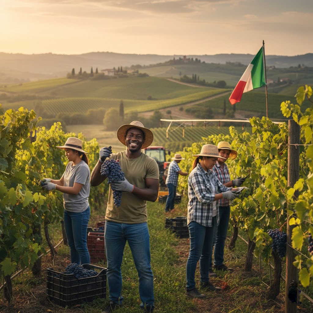 Foreign seasonal workers harvesting crops in Italy