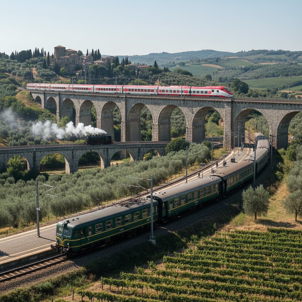 Public transport in Italy showing trains, buses, trams, and metro in an Italian city