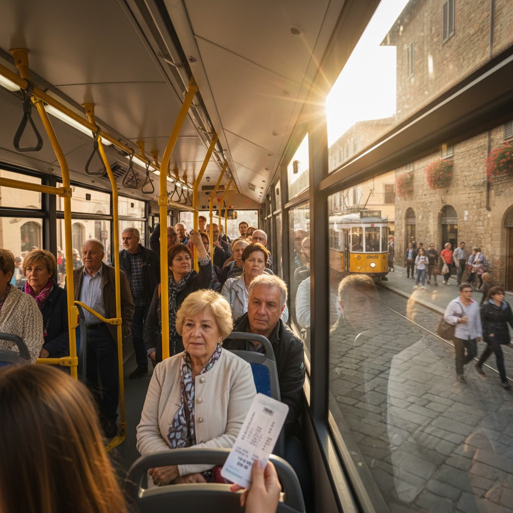 Public transport in Italy showing trains, buses, trams, and metro in an Italian city