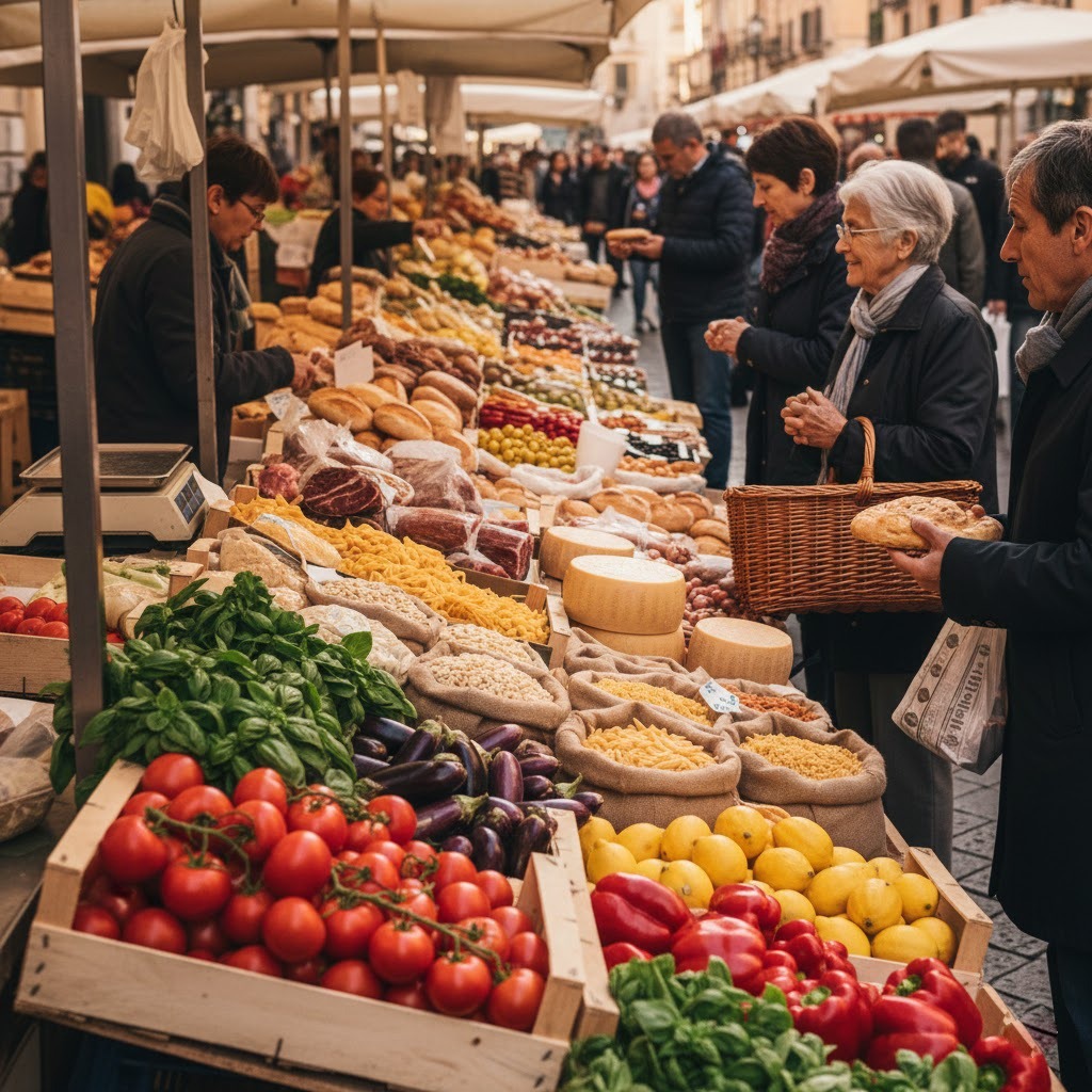 Fresh food and groceries at a local Italian market for everyday living