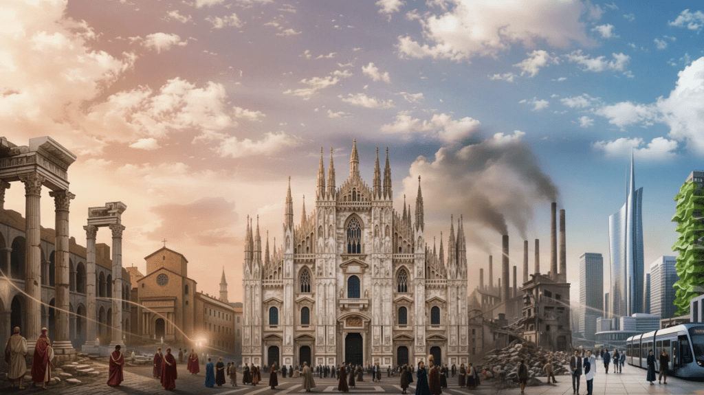 History of Milan Italy skyline showing ancient and modern architecture