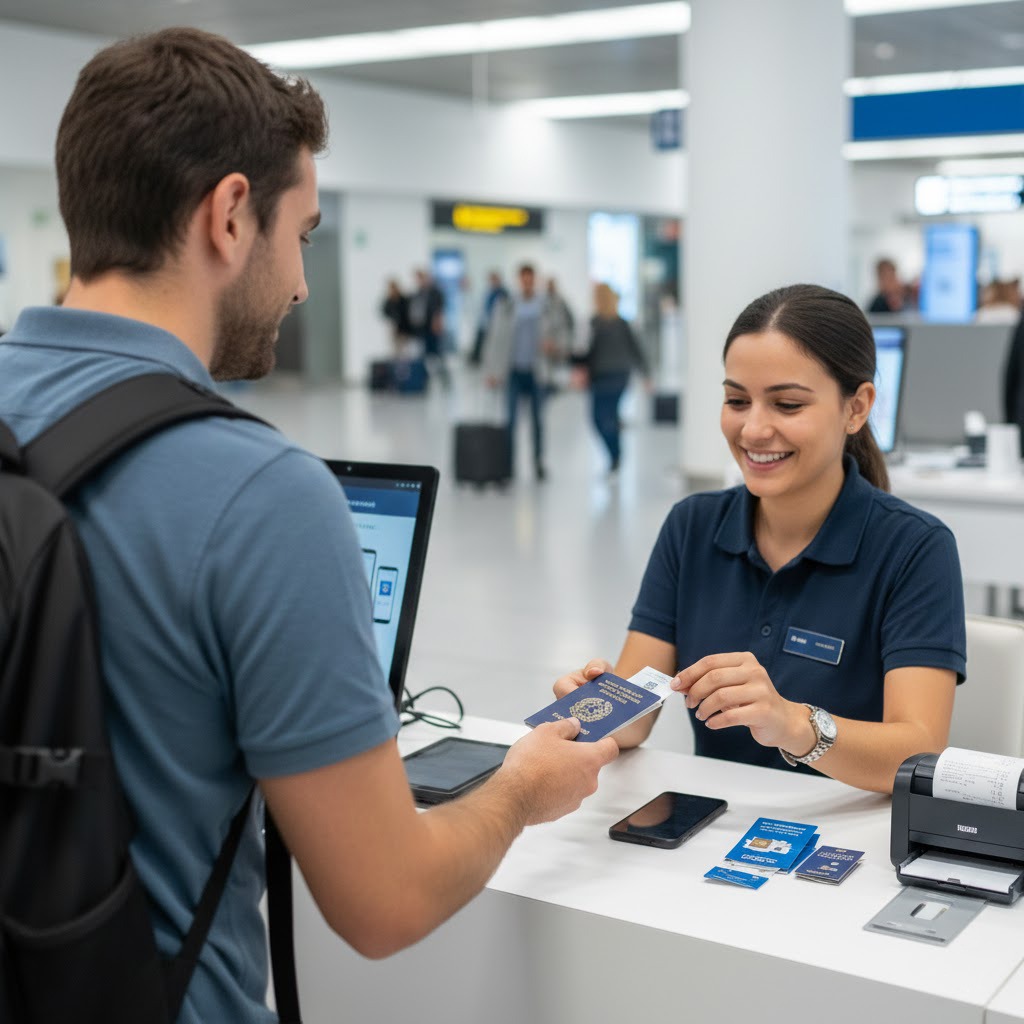 Foreigner buying a SIM card at Fiumicino Airport in Rome, Italy