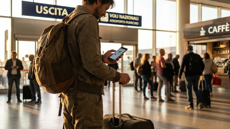 Foreigner buying a SIM card at Fiumicino Airport in Rome, Italy