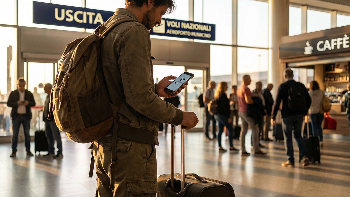 Foreigner buying a SIM card at Fiumicino Airport in Rome, Italy